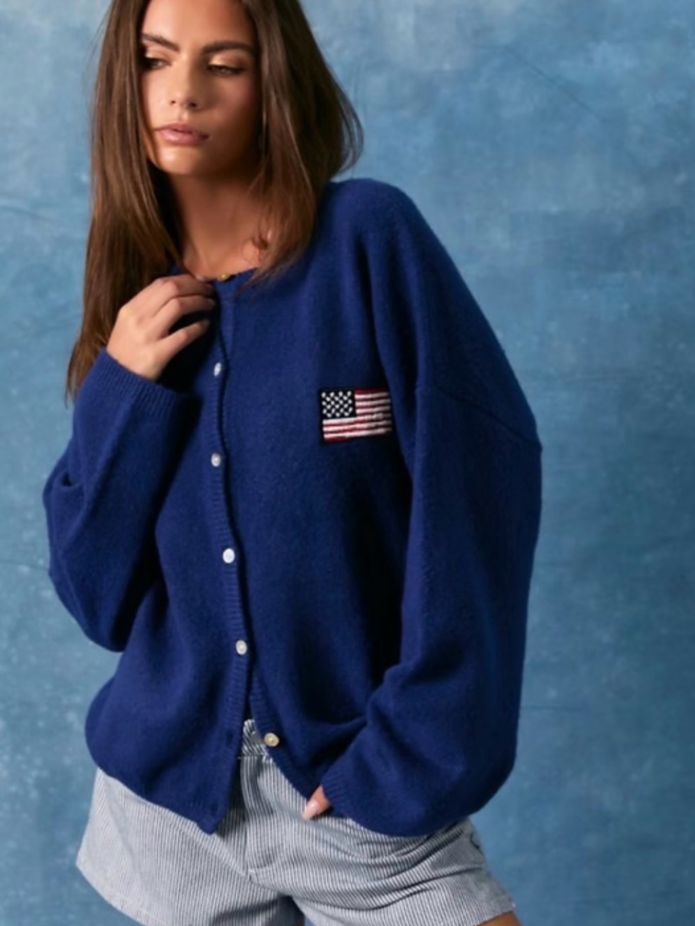 Le Lis Navy Button-Front Cardigan with Flag Patch